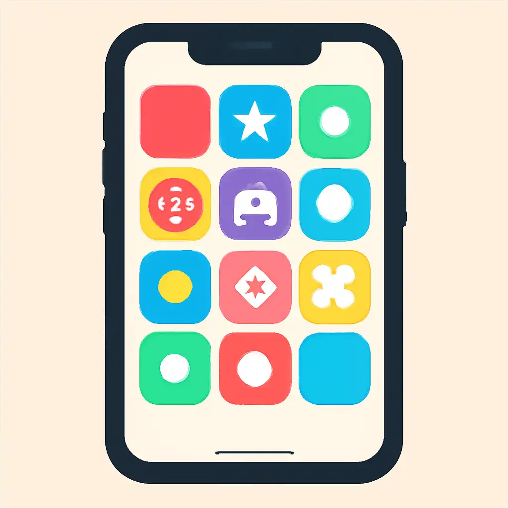 Smartphone shown from the front displaying a colourful flat layout of abstract game icons and rounded tiles (no text, no letters, no labels), 91 Lottery