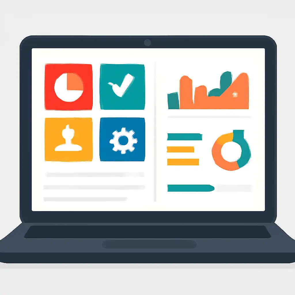 Laptop shown from the front displaying a colourful flat dashboard of abstract charts, bars and icon tiles (no text, no letters, no labels), 91 Lottery