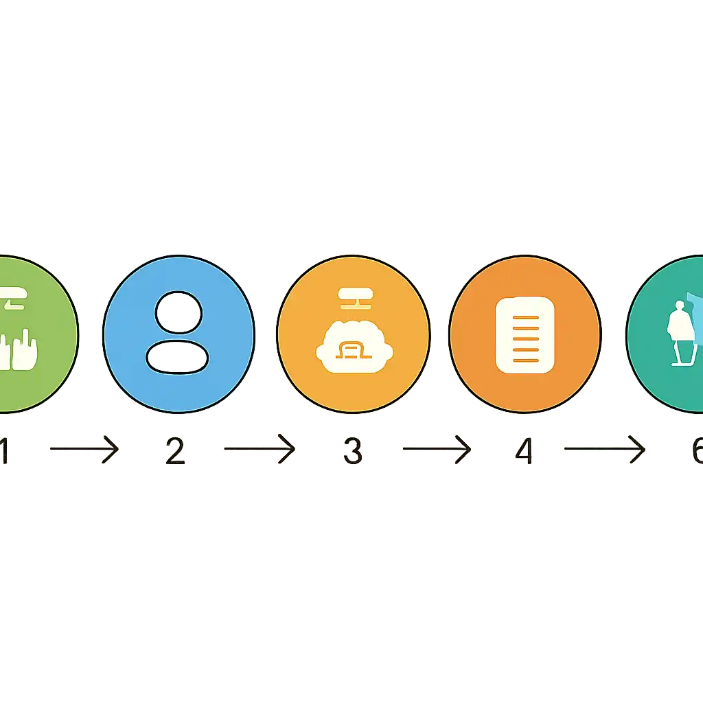 Five numbered circular icons connected by arrows in a horizontal flow, flat illustration, icons only, no words, 91 Lottery steps